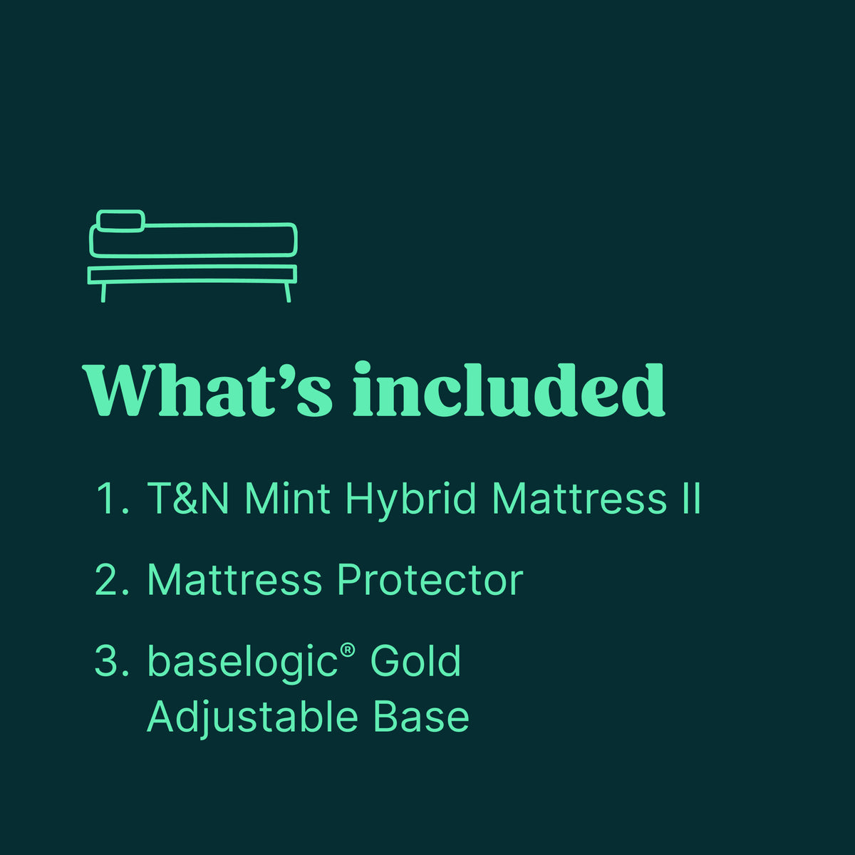 Tuft & Needle bundle includes the Mint Hybrid Mattress II, a Mattress Protector and a baselogic Gold Adjustable Base