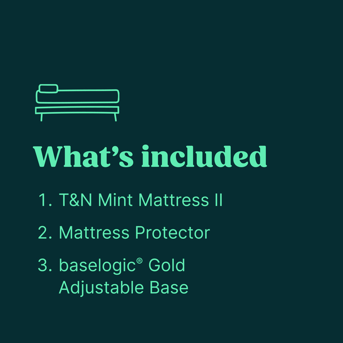 Tuft & Needle bundle includes the Mint Mattress II, a Mattress Protector and a baselogic Gold Adjustable Base