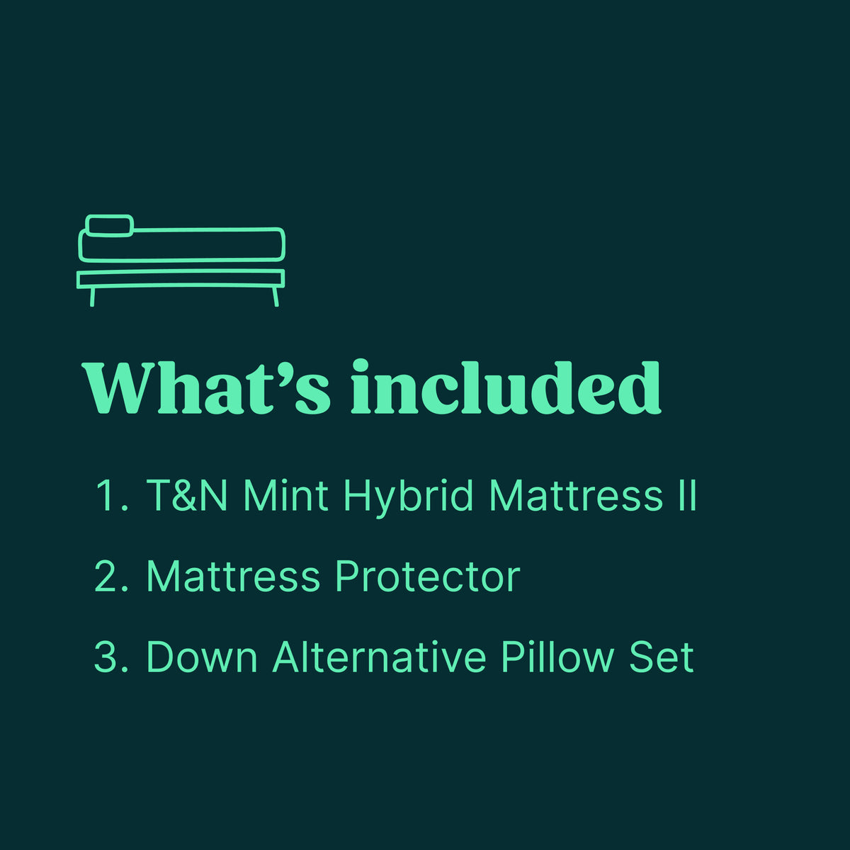 Graphic showing what's included in the bundle, Mint Hybrid mattress II, Tuft and needle mattress protector and pillow set