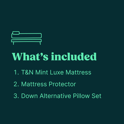 Tuft & Needle bundle includes the Mint Luxe Plush Hybrid Mattress, a Mattress Protector and a Down Alternative Pillow Set